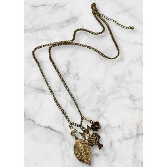 VTG Gold Tone Owl, leaf & Rose Charms Necklace & Chain Rhinestone Eyes 12" W/box - Picture 7 of 10